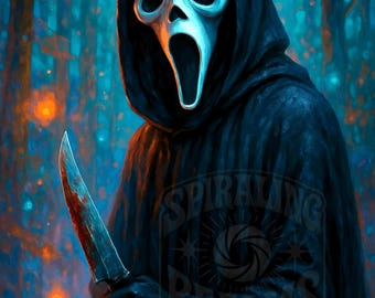 Masked Phantom in the Pines – Digital Horror Art Print, Dreamstate Slasher Decor, Creepy Wall Poster Download