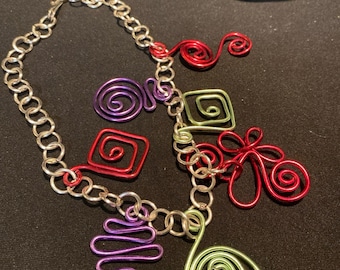 Handmade Wire Art Necklace | Abstract Multicolor Aluminum Statement Jewelry