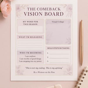 May include: A printable vision board worksheet with a floral design. The worksheet includes sections for "My Word for This Season", "What I'm Releasing", "Who I'm Becoming", "Bold Steps I'm Taking", and "Visual Collage". The worksheet also includes the quote "This is not my ending. This is my uprising." by a Woman on the Rise.