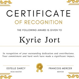 Certificate of Recognition, Editable Canva Template, Printable Digital ...