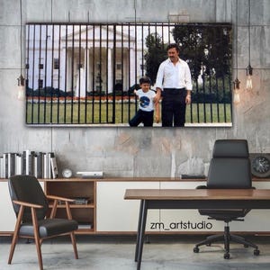 Schilderij Pablo Escobar, epische scène in de buurt van het Witte Huis op houten subframe, premium canvas, wanddecoratie, motivatie, moderne muurkunst, kantoorinrichting aan huis