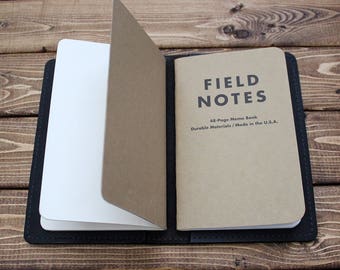 Personalized  Leather Journal Cover for Field Notes, Pocket size Notebooks in Matte Black