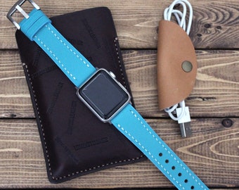 TURQUOISE Leather Apple Watch Band 44mm, 40mm, 40mm, 38mm, Leather Watch Straps 20mm, 22mm, Galaxy Watch Band, Hand Stitched