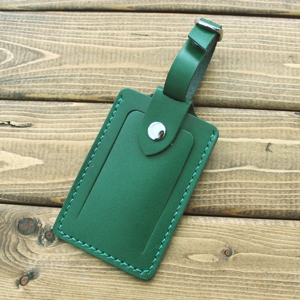 Personalized Hand Stitched Green Leather Luggage Tag, Backpack Tag, Golf bag Tag, Name Tag, Gift for Wedding, Grandparents