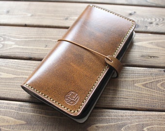 Hand Stitched Leather iPhone Wallet: Antique Tan, Mahogany, Free Personalization