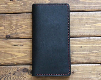 Black Leather iPhone Wallet: Personalized Phone Case with various Stitching Color Options