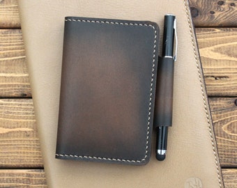 Extra Small Notebook Wallet with a Pen Loop in Burnished  Brown Italian Leather