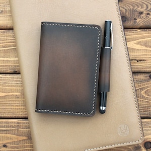 Extra Small Notebook Wallet with a Pen Loop in Burnished  Brown Italian Leather