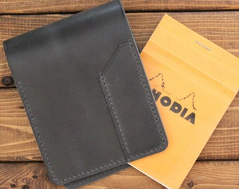 Rhodia I Spiral Notepad Cover Hand Stitched Reporter Journal Leather Holder in Italian Full Grain Charcoal Black Leather: Free Personalized