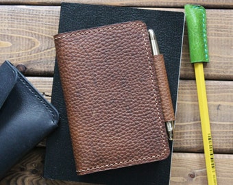 Folio Pocket Journal Wallet, Oiled pebble texture BROWN Leather Notebook Wallet, Journaler's and Traveler's Companion, Front pocket wallet