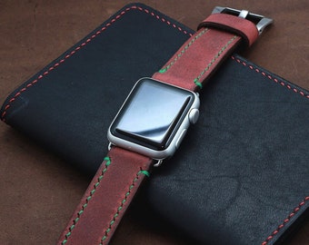 Apple watch leather band iWatch hand stitched strap DISTRESSED BRICK RED Leather iWatch 44 43 42 41 40 38 personalized Watch strap