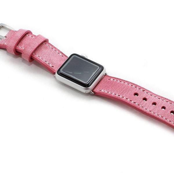 Apple Watch 44mm, 40mm, 40mm & 38mm Hand Stitched ROSE PINK Leather Strap, Watch band 22mm, 24mm, Galaxy Watch 46mm, 42mm Compatible Band