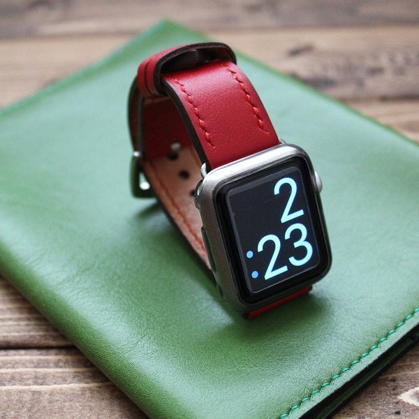 Apple Watch 44mm, 40mm, 42mm, 38mm Strap in Soft RED Italian Leather, Watchband 22mm, 20mm, Galaxy Watch 46mm, 42mm Watchband, iWatch Band