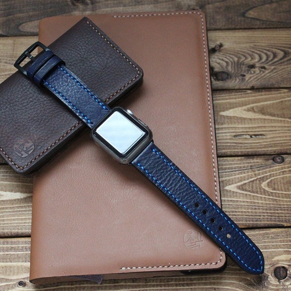 OXFORD BLUE Hand Stitched Apple Watch 44mm, 40mm, 42mm, 38mm Strap, Watchband 22mm, 20mm, Galaxy Watch 46mm, 42mm Watchband