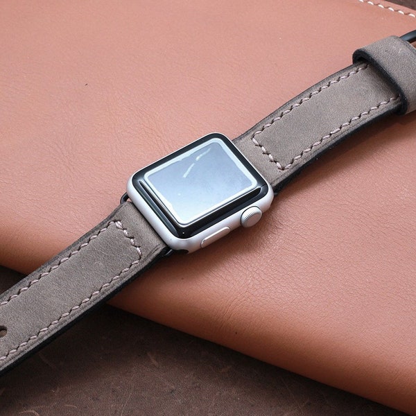 WARM GREY Apple Watch Leather Strap 44mm, 40mm, 42mm & 38mm, iWatch 4, Watchband 22mm, 24mm, Galaxy Watch 46mm, 42mm Compatible band