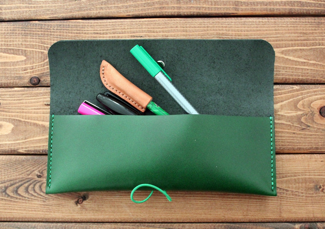 PERSONALIZED GREEN Leather Pencil Case Glasses Holder Makeup Etsy