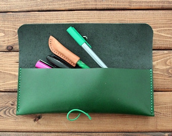 PERSONALIZED  GREEN Leather Pencil Case, glasses Holder, Makeup Gear Pouch, Hand stitched Leather Case