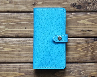 Hand Stitched wallet for iPhone 15, 15 Pro, 15 Pro Max, 15 plus and all other iPhone series Pebble Textured Sky Blue Leather