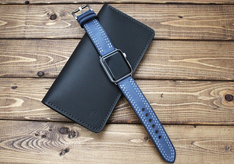 Double Stitching Leather Apple Watch band in Blueberry Blue, iWatch 42mm, Apple watch shops strap, iwatch strap, double stitched band, iWatch 38mm