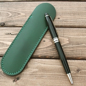 Estojo de couro verde para caneta-tinteiro: suporte para caneta individual costurado à mão