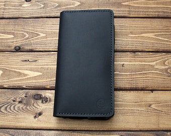 Hand Stitched Black Leather iPhone Wallet: Card Holder
