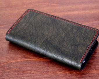 Hand Stitched Dark Green Leather iPhone Wallet Case