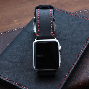 Pasek skórzany do zegarka Apple Watch w stylu baseballowym: szyty ręcznie w kolorze czarnym