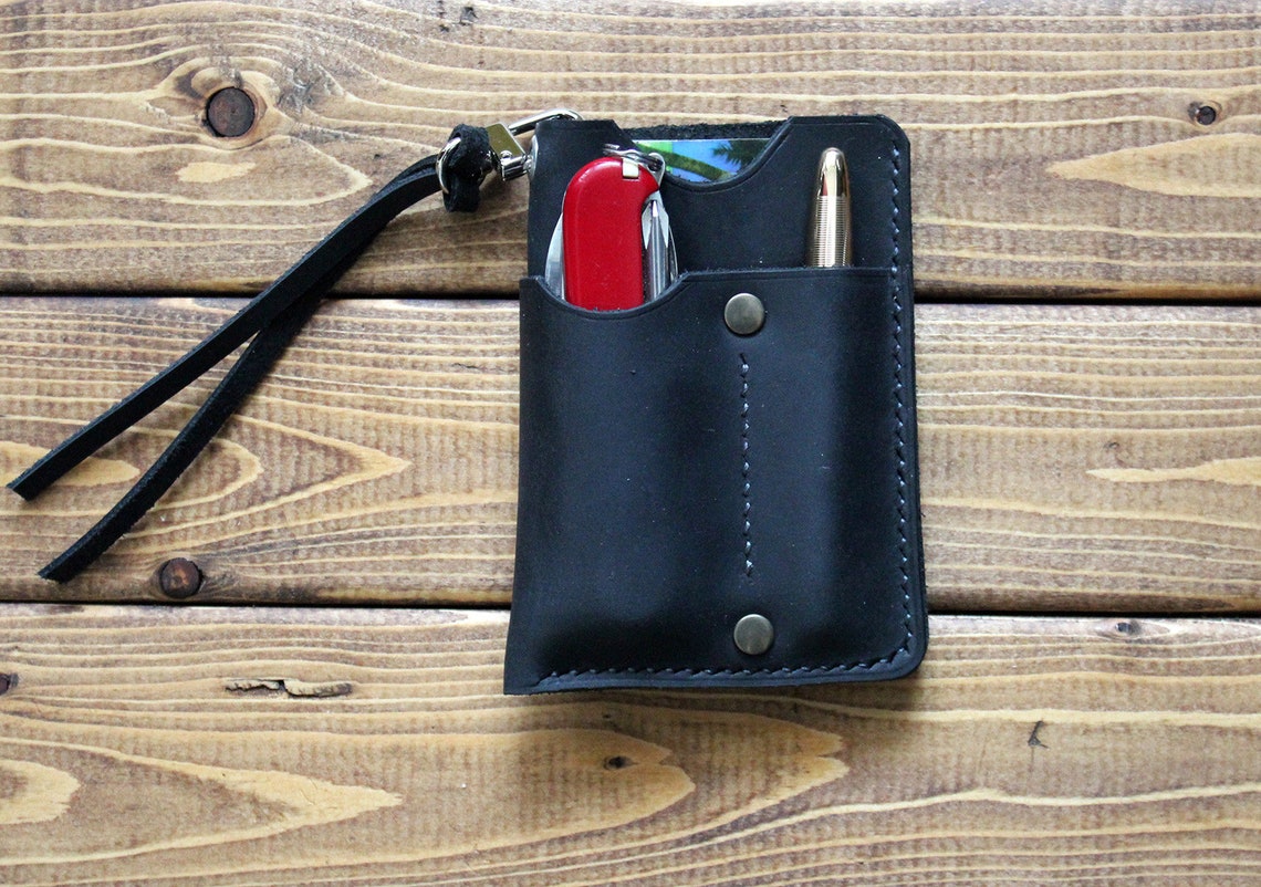 Leather EDC Wallet Black Every Day Carry Leather Pouch Etsy