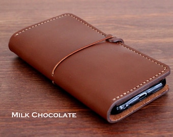 iPhone 15, 15 Pro, 15 Pro Max, 15 Plus and all other iPhone series Wallet in Hand stitched Leather wallet MILK CHOCOLATE
