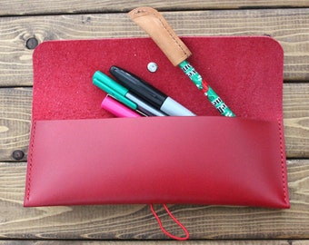 PERSONALIZED  RED Leather Pencil Case, glasses Holder, Makeup Gear Pouch, Hand stitched Leather Case