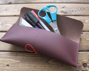 PERSONALIZED  Hand stitched Pencil Case, glasses Holder, Makeup Gear Pouch in BURGUNDY baseball glove leather