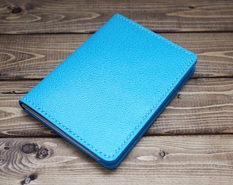 PERSONALIZED Hand-stitched Passport Leather Cover in Pebble Textured DEEP SKYBLUE