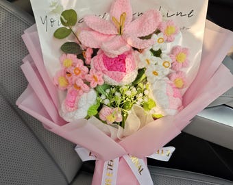 Crochet Flower Bouquet, Pink Roses Tulips, Anniversary Gift with Card