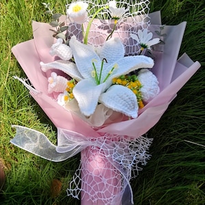 Crochet Flowers Bouquet with Crochet Lily, Rose, Tulip for Anniversary, Birthday, Crochet Bouquet Gift for Girlfriend, Handmade Flowers