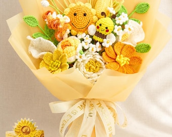 Gehäkelter Blumenstrauß mit süßer Biene und Geschenkkarte, Häkelblumenstrauß Geschenk für Sie, Häkelblumen