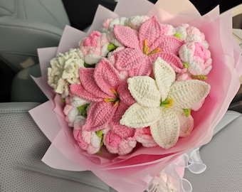 Pink Crochet Flower Bouquet with Rose Lily Hydrangea Gift Card, Crochet Flowers Gift for Valentines Day, Valentines Flowers, Gift for Her
