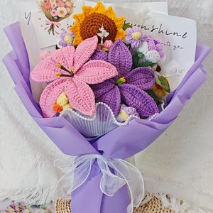 Crochet Flower Bouquet with Gift Card and Crochet Flowers of Lily Sunflower Carnation Rose, Crochet Bouquet Gift for Anniversary, Birthday