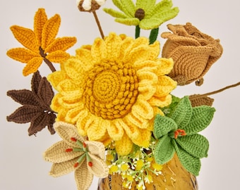 Häkelblumenstrauß, handgemachte Sonnenblume, Rose, Lilie, Herbst Dekor
