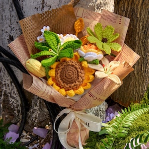 Crochet Flower Bouquet with Crochet Flower of Sunflower, Lily, Daisy, Rose, Crochet Bouquet for Fall, Graduation Gift, Anniversary Gift