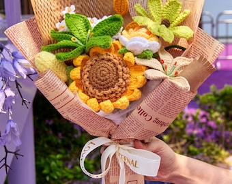 Crochet Flower Bouquet, Sunflower, Lily, Rose, Daisy, Anniversary Gift