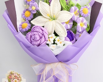 Häkelblumen, gehäkelter Blumenstrauß mit handgefertigter Lilie, Rose, Lavendel, Morning Glory, gehäkelter Strauß Geschenk für Sie, Frühlingsblumen