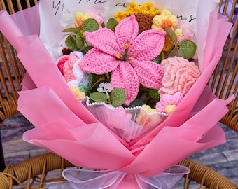 Crochet Flowers, Crochet Flower Bouquet with Gift Card and Lily Sunflower Rose, Gift for Her