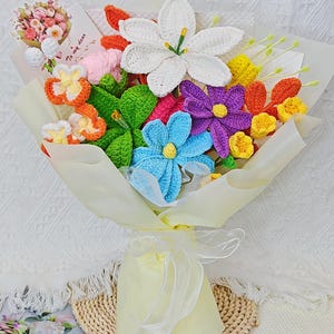 Crochet Flowers Bouquet with Colorful Crochet Flowers and Gift Card, Crochet Bouquet for Birthday, Anniversary, Girlfriend Bouquet