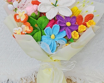 Handmade Crochet Flower Bouquet, Anniversary Gift With Card