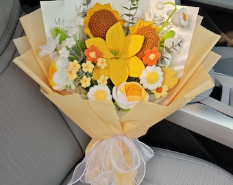 Crochet Flowers, Yellow Crochet Flower Bouquet with Gift Card and Crochet Lily Sunflower Rose, Crochet Bouquet for Anniversary, Birthday