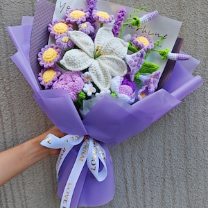 Crochet Flowers Bouquet with 17 Crochet Flowers and Gift Card, Birthday Flowers for September, Crochet Bouquet for Birthday, Anniversary