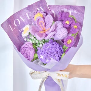 Crochet Flower Bouquet of Crochet Tulip, Rose, Carnation, Crochet Bouquet Gift for Her, Anniversary Gift, Birthday Gift, Girlfriend Bouquet