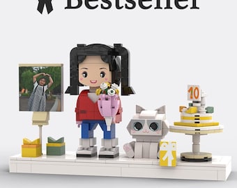 Custom Brick Me Figure from Your Photo for Birthday with Cat, Personalized Building Blocks Gift, Birthday Gift for Friends, Kids, Girlfriend