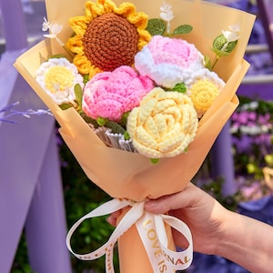 Crochet Flower Bouquet with Crochet Flowers of Rose Sunflower Daisy, Yellow Crochet Bouquet Gift for Graduation, Birthday, Anniversary