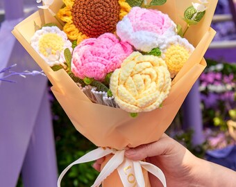 Crochet Flower Bouquet, Sunflower, Rose, Daisy, Combed Cotton Gift